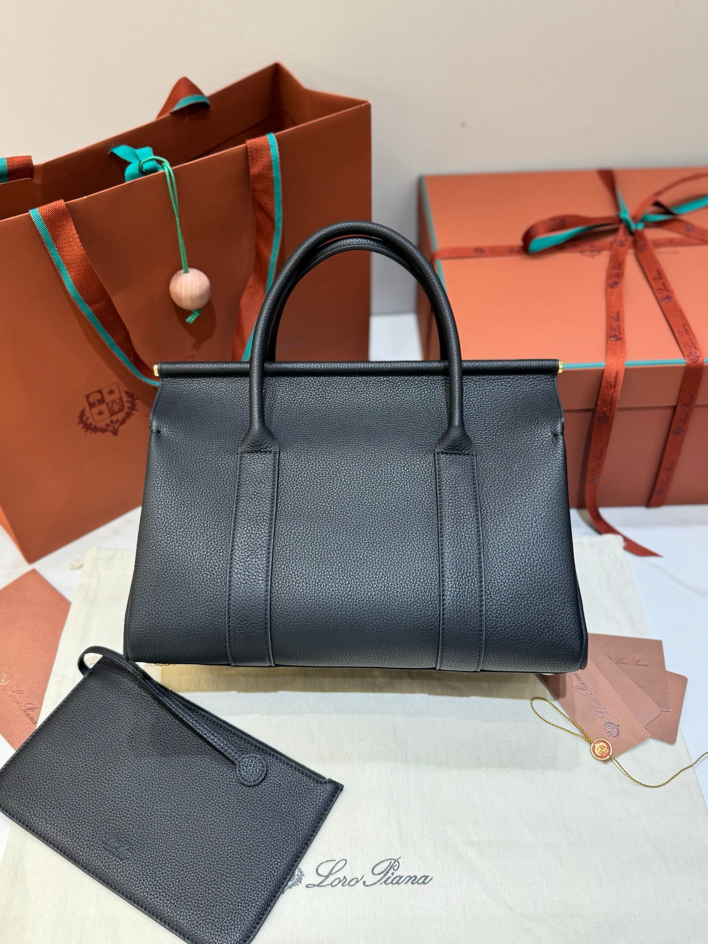 Loro Piana Loom L32 Handbag 33cm Tender Calfskin Luxury Designer Tote Bag with Gold Padlock & Removable Pouch