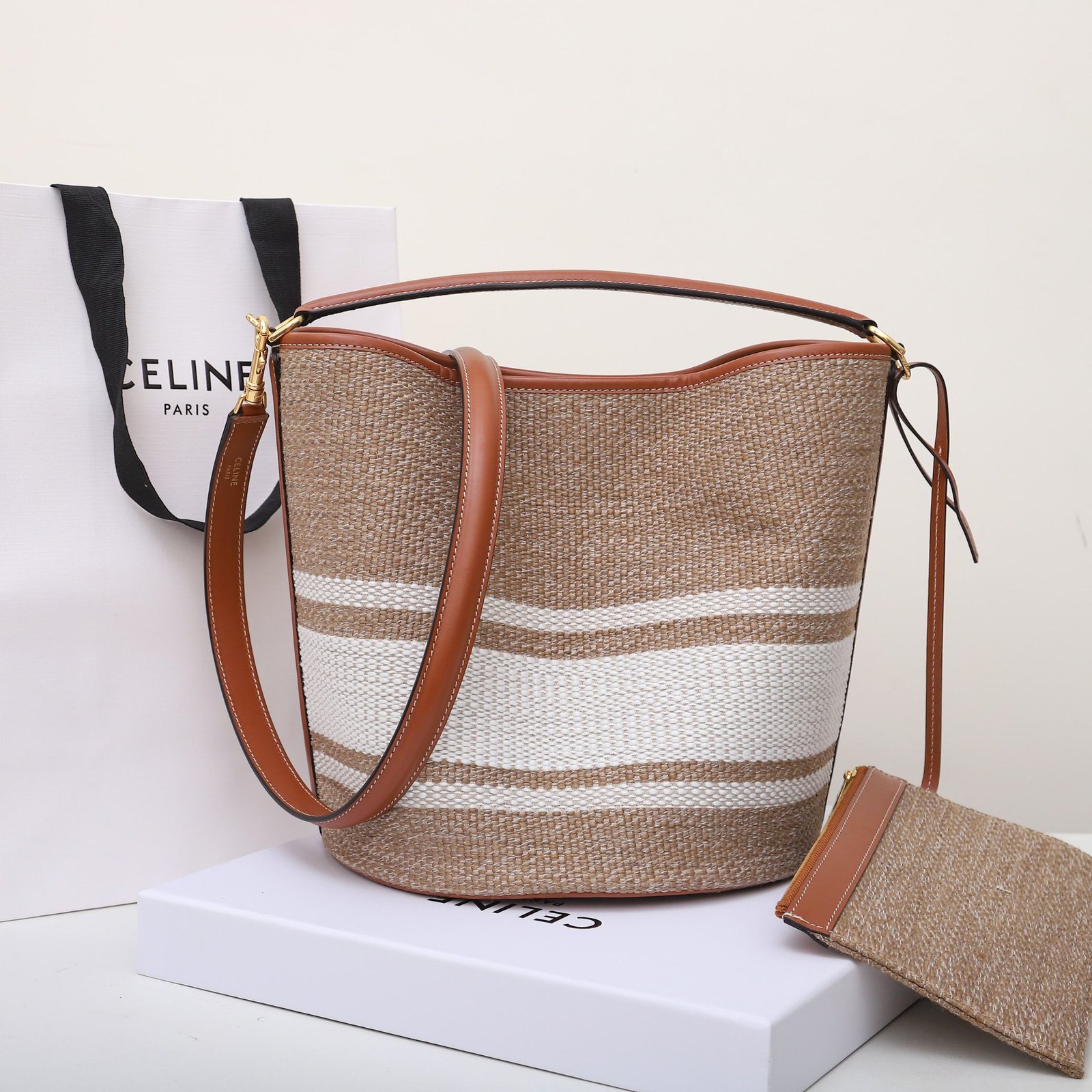 Celine Small 16 Bucket Bag 23x25cm Textile and Calfskin Striped Woven Pattern Designer Handbag with Detachable Pouch 3