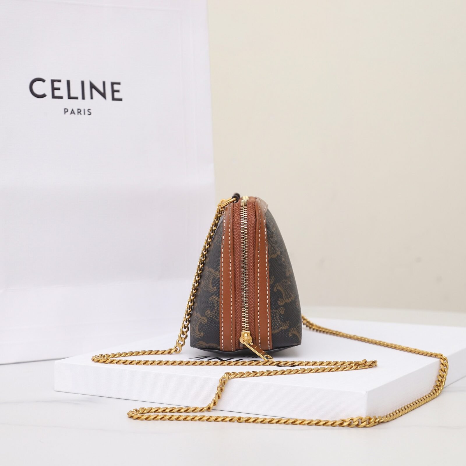 CELINE Triomphe Canvas and Calfskin Mini Chain Clutch Bag Italian Leather Shell Pouch for Women Crossbody Shoulder Bag 3
