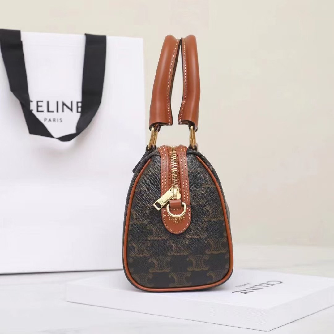 CELINE Small Boston Bag Triomphe Canvas and Calfskin Vintage Monogram Handbag Tan Crossbody Bag with Strap 3