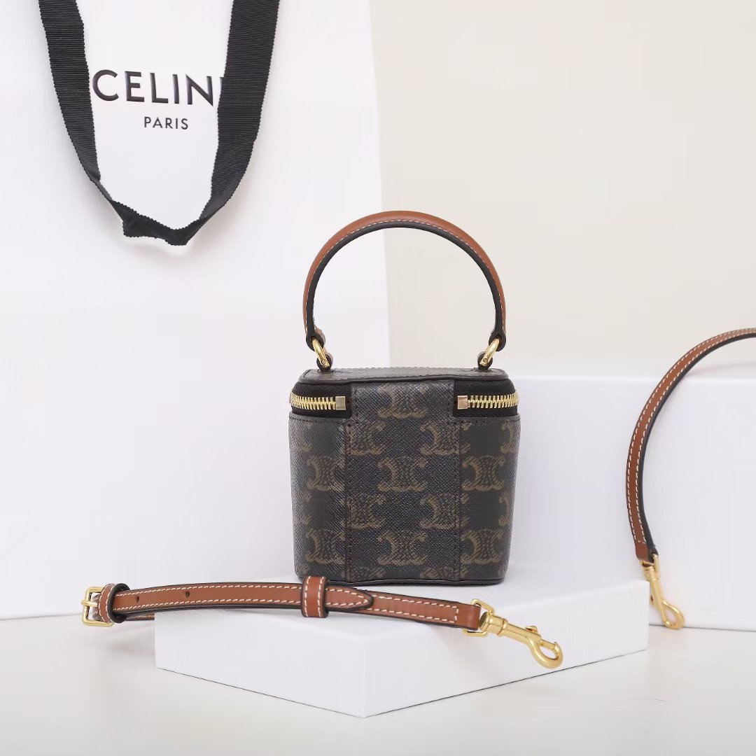 CELINE Mini Vanity Case 9.5cm Triomphe Canvas with Calfskin Leather Small Crossbody Vanity Box Bag 3