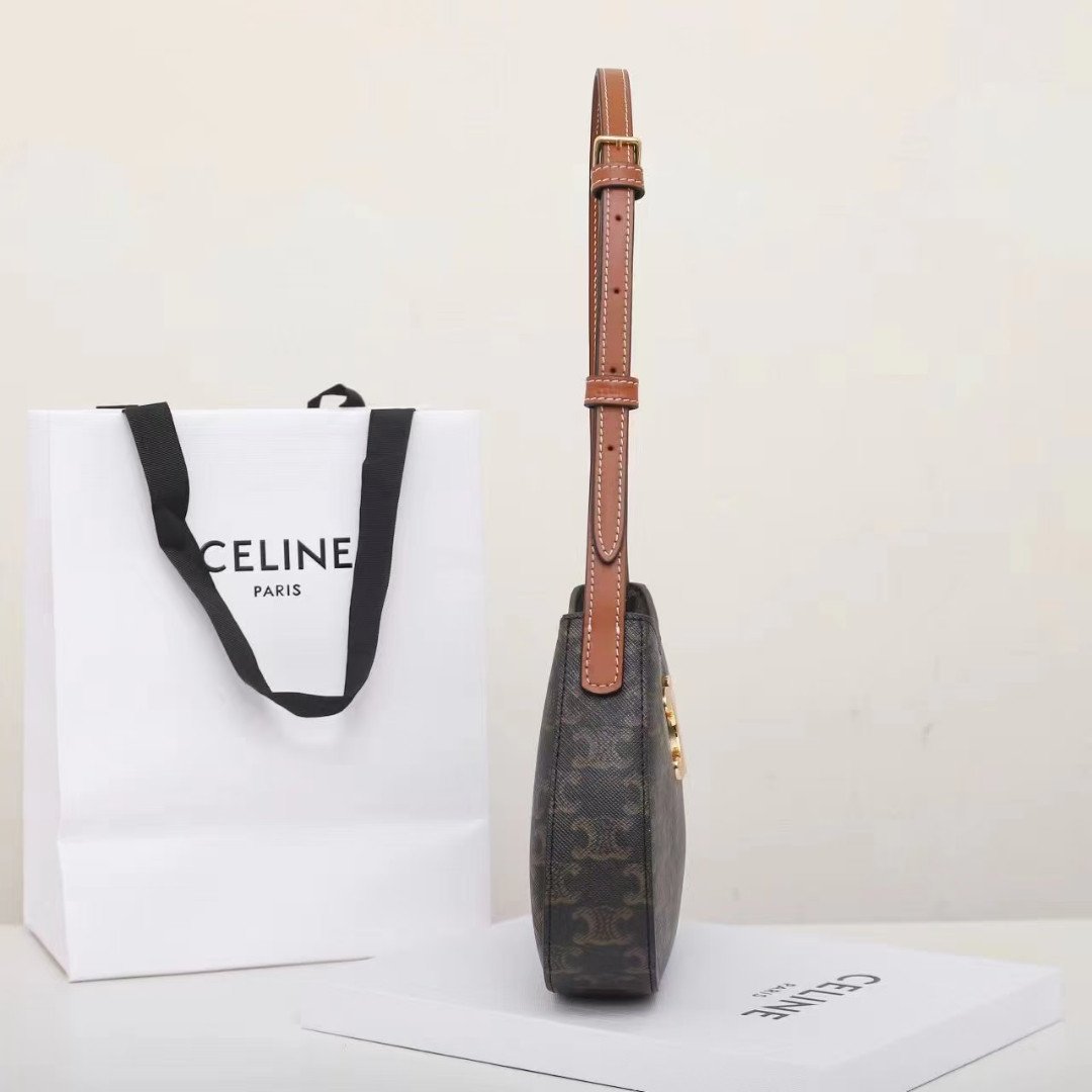 CELINE Triomphe Canvas and Calfskin Ava Bag 22cm Tan Underarm Shoulder Bag Premium Leather Hobo Bag 3