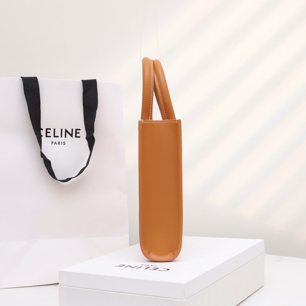 Celine Mini Vertical Cabas Tote Bag 17x21cm Textile and Calfskin Tan/White Handbag &ndash; Image 3