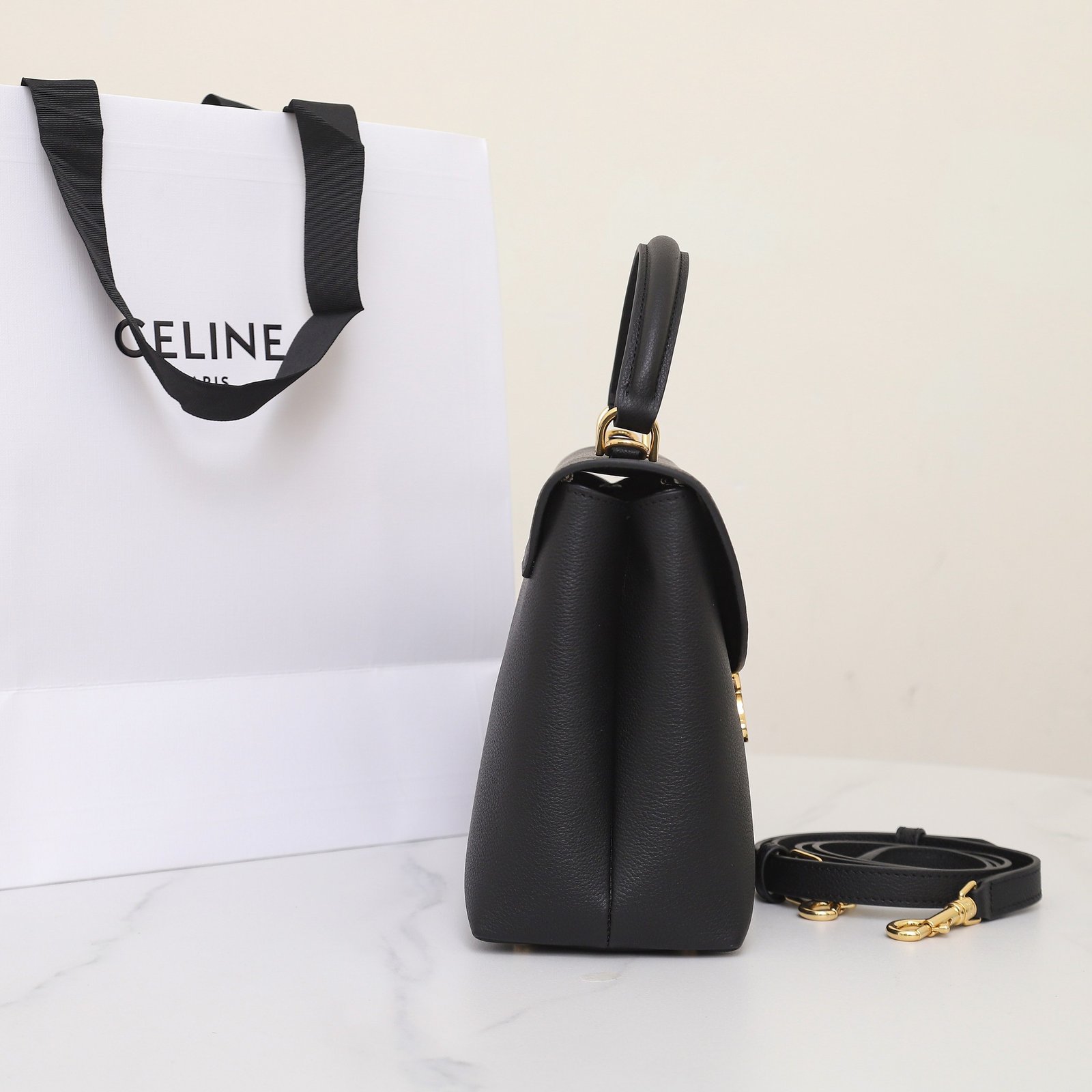 CELINE NINO Top Handle Bag 26cm Black Grained Calfskin with Gold Triomphe Hardware Luxury Crossbody Handbag 3
