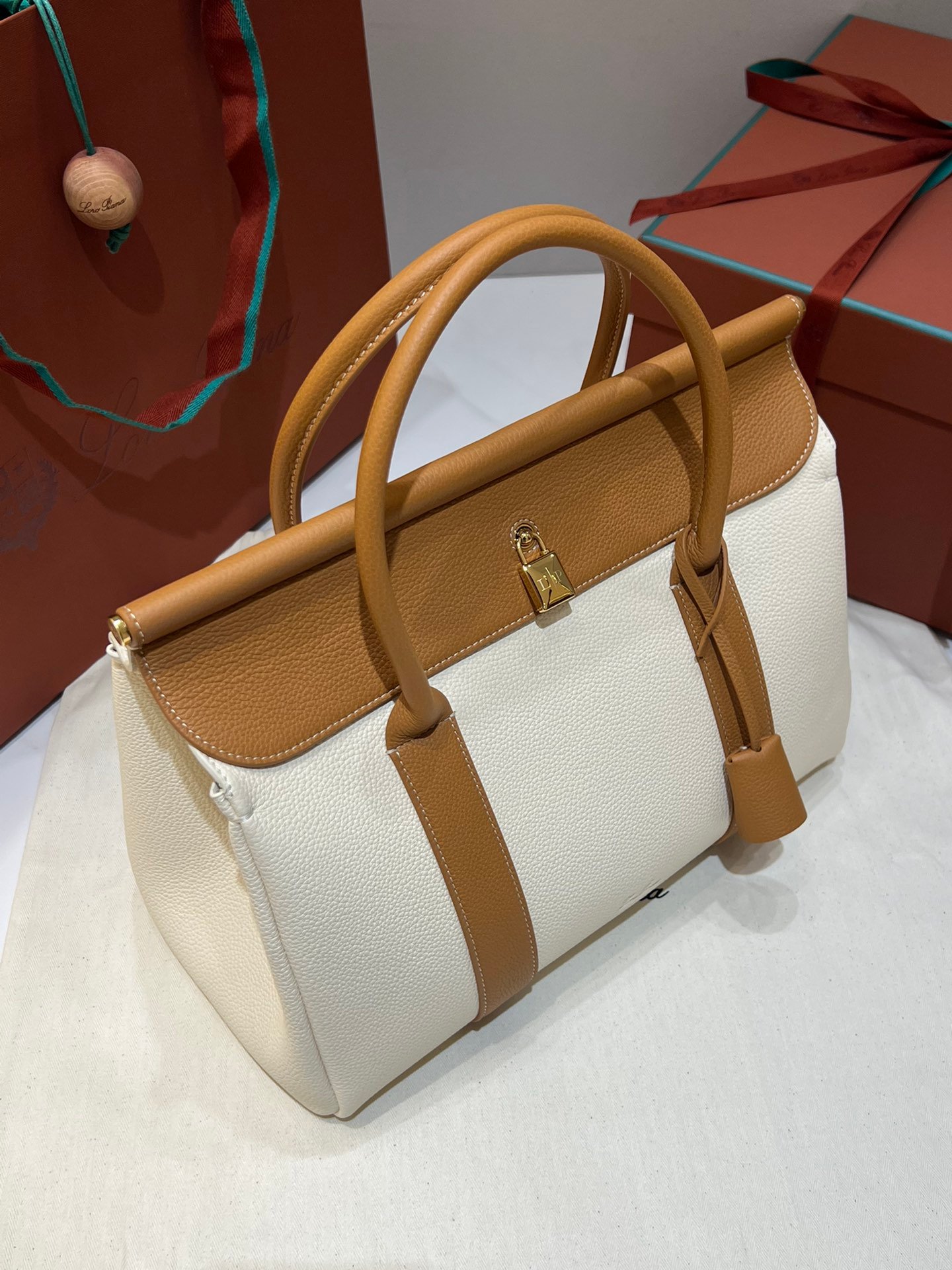 Loro Piana Loom L32 Bag 33cm Designer Canvas & Leather Tote Handbag Work & Travel Satchel with Detachable Pouch