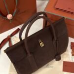 Loro Piana Loom L32 Handbag 33cm Dark Brown Grained Calfskin Leather Tote with Signature Gold Padlock and Key
