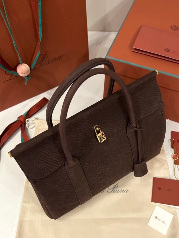 Loro Piana Loom L32 Handbag 33cm Dark Brown Grained Calfskin Leather Tote with Signature Gold Padlock and Key