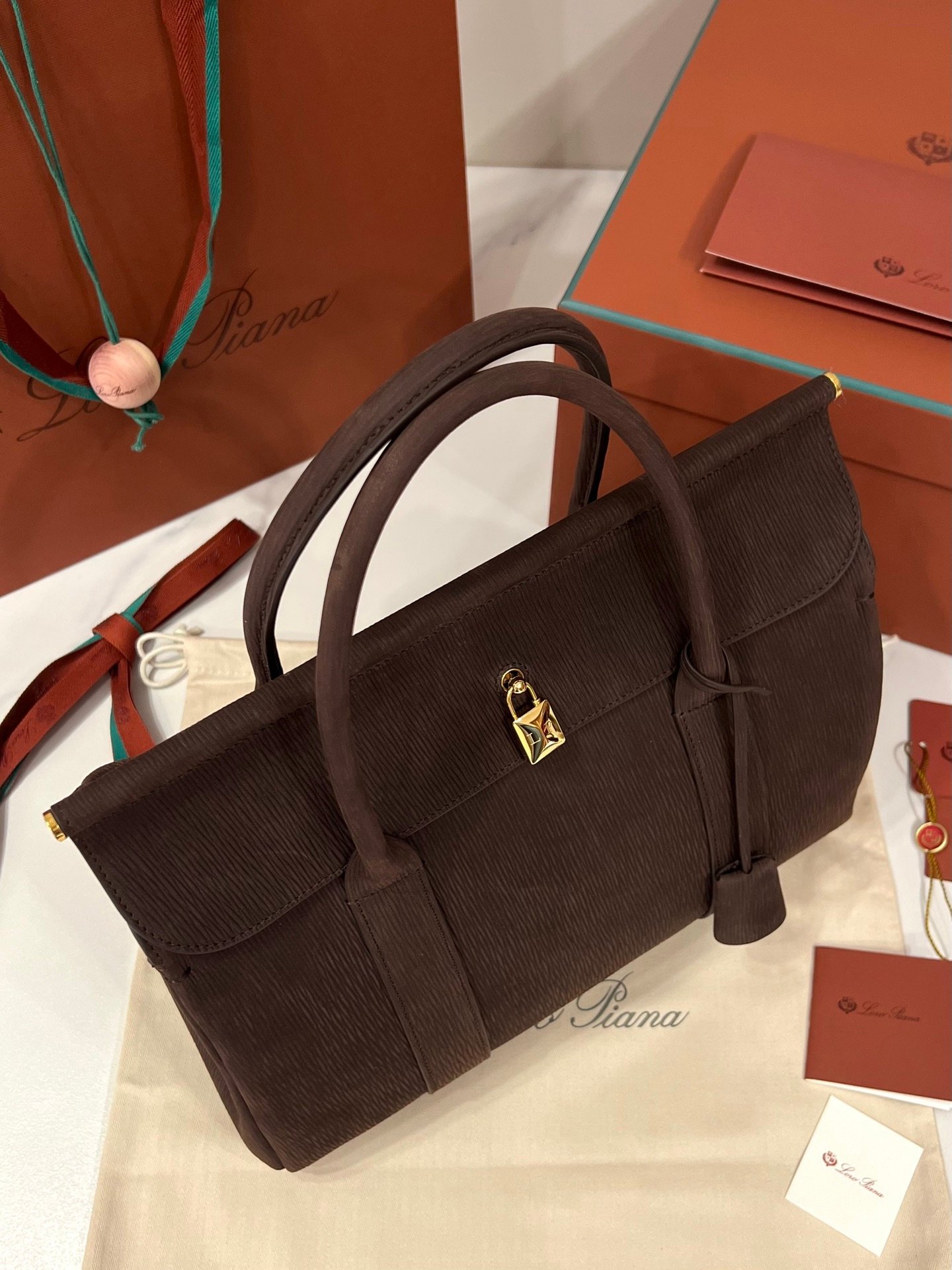 Loro Piana Loom L32 Handbag 33cm Dark Brown Grained Calfskin Leather Tote with Signature Gold Padlock and Key