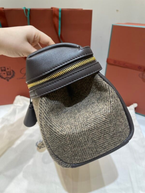 Loro Piana Extra Softy L33 Bag 33cm Herringbone Wool and Chocolate Grainy Leather Women’s Elongated Crossbody Handbag