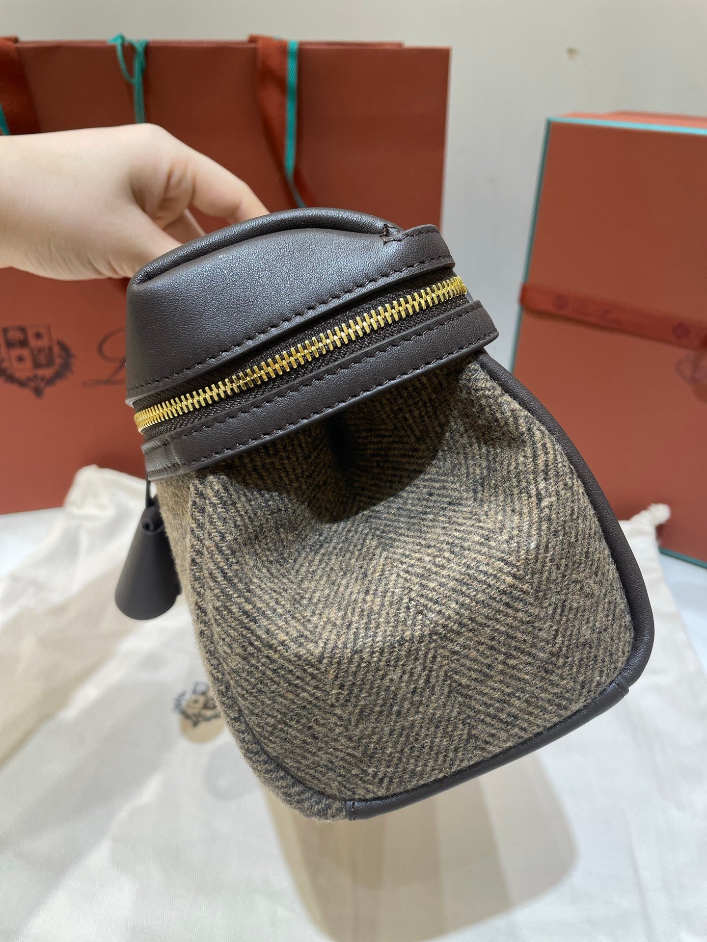 Loro Piana Extra Softy L33 Bag 33cm Herringbone Wool and Chocolate Grainy Leather Women’s Elongated Crossbody Handbag