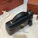 Loro Piana L23 Extra Handbag 23cm Black Textured Leather Minimalist Shoulder Bag with Gold Hardware and Gift Box Loro Piana L23 Extra Handbag 23cm Black Textured Leather Minimalist Shoulder Bag with Gold Hardware and Gift Box
