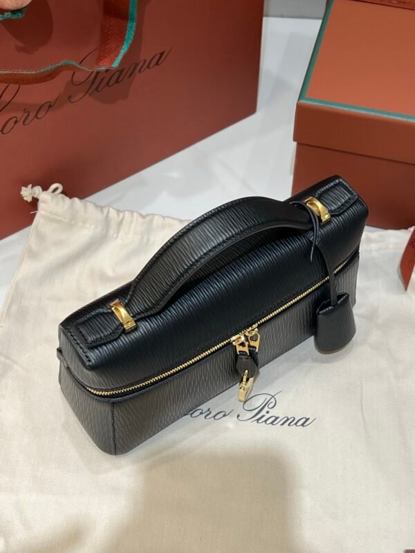 3 Loro Piana L23 Extra Handbag 23cm Black Textured Leather Minimalist Shoulder Bag with Gold Hardware and Gift Box