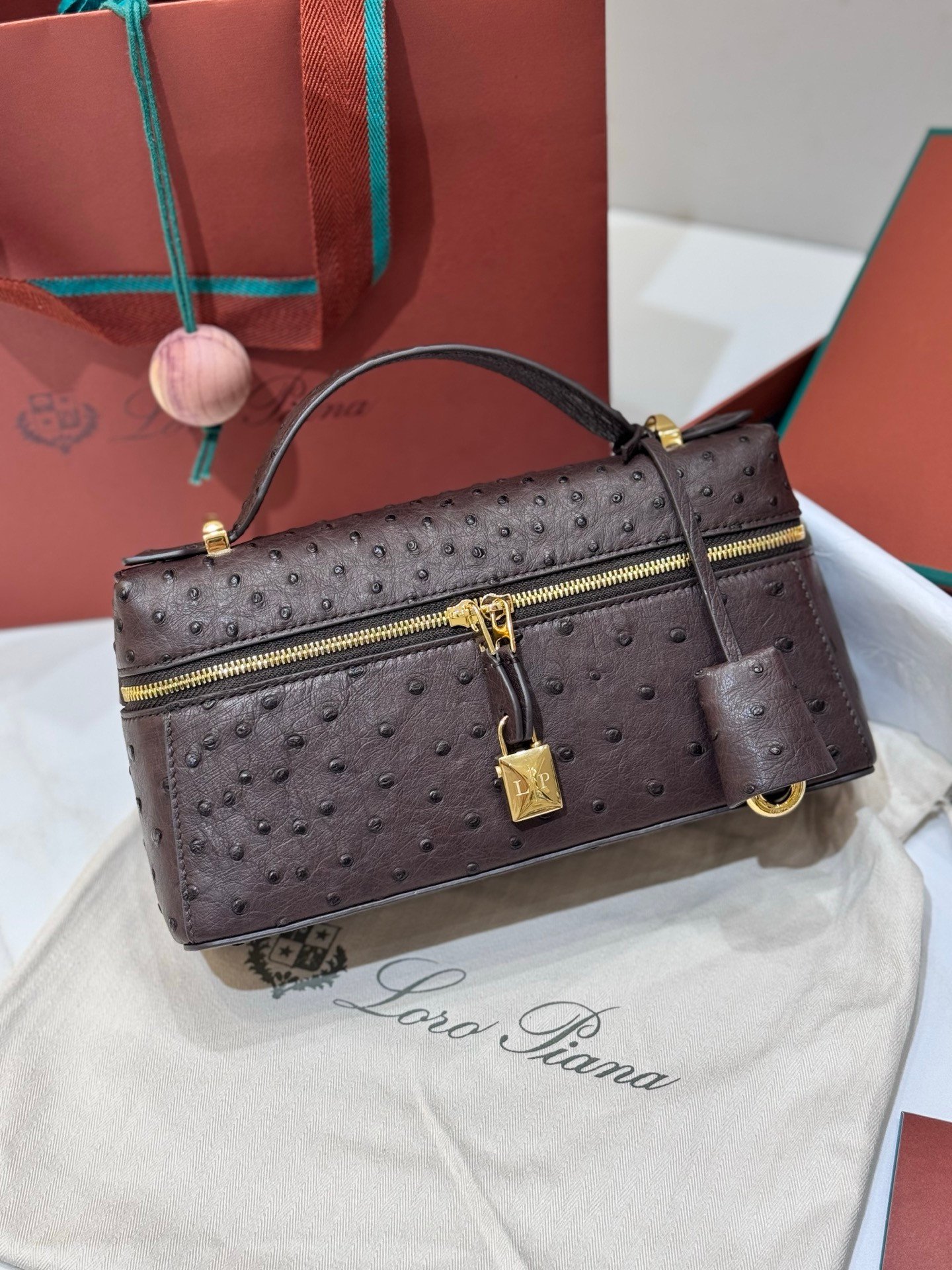 Loro Piana L23 Extra Bag 23cm Ostrich-Effect Calfskin Top-Handle Vanity Bag and Crossbody for Women Loro Piana L23 Extra Bag 23cm Ostrich-Effect Calfskin Top-Handle Vanity Bag and Crossbody for Women