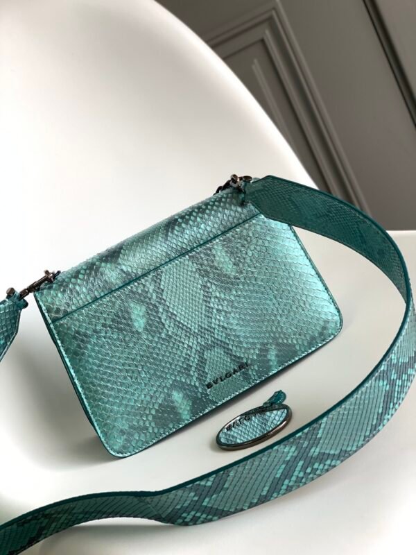 3 BVLGARI Serpenti Forever MaxiChain Medium Shoulder Bag Pearlescent Afterglow Aquamarine Blue Python Exotic Leather Crossbody Bag