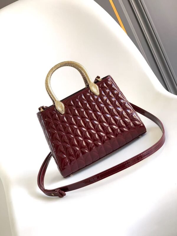 3 BVLGARI Serpentine Duo Tote Bag 21.5cm Designer Quilted Patent Leather Evening Bag with Snake Handles