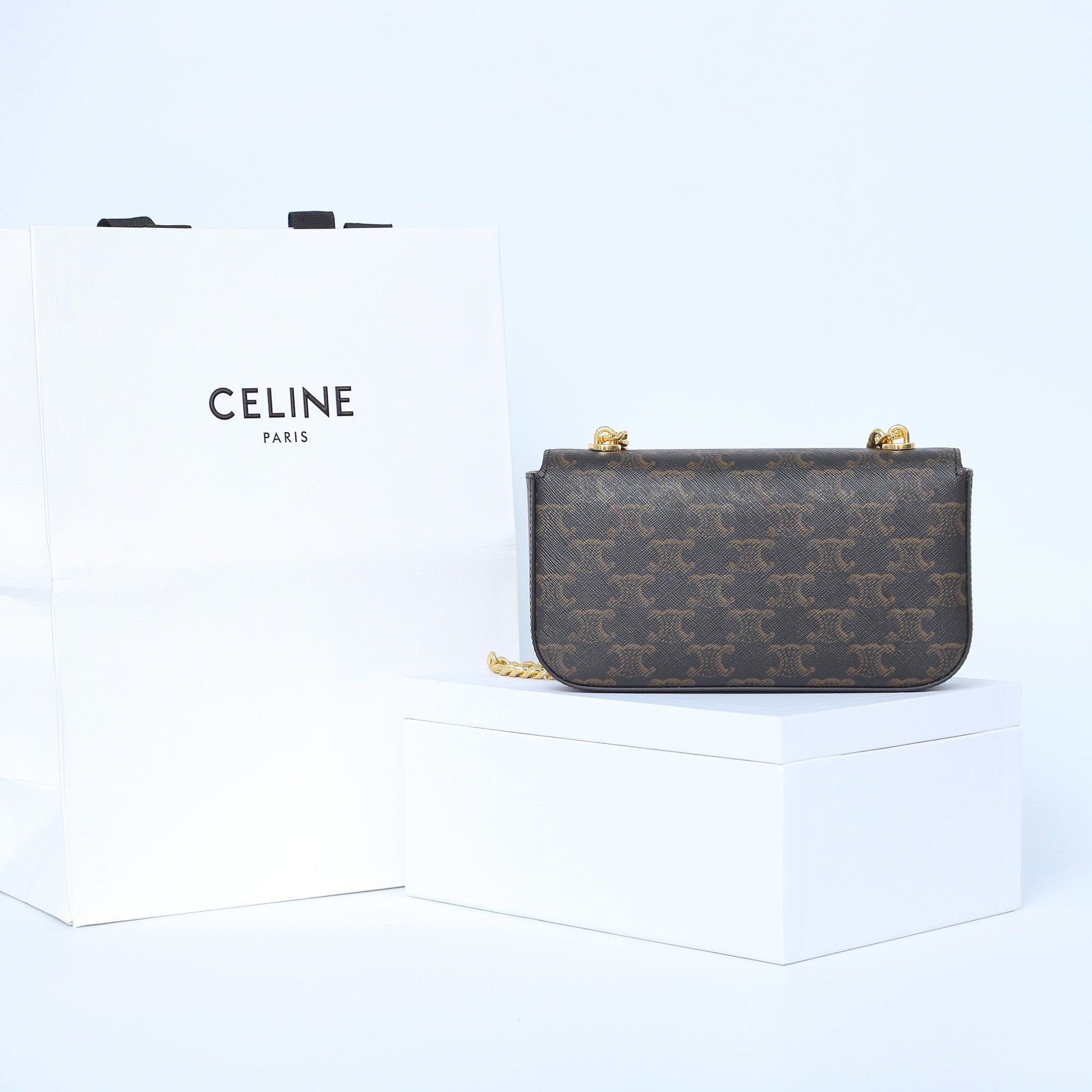 Celine Triomphe Chain Shoulder Bag 20.5cm Canvas and Calfskin Luxury Designer Crossbody for Women 3