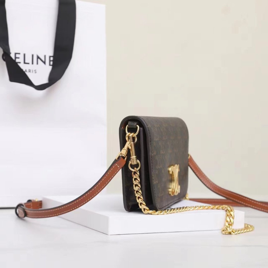CELINE Triomphe Canvas and Calfskin 3-in-1 Chain Shoulder Bag 20.5cm Parisian Chic Crossbody and Underarm Bag 3