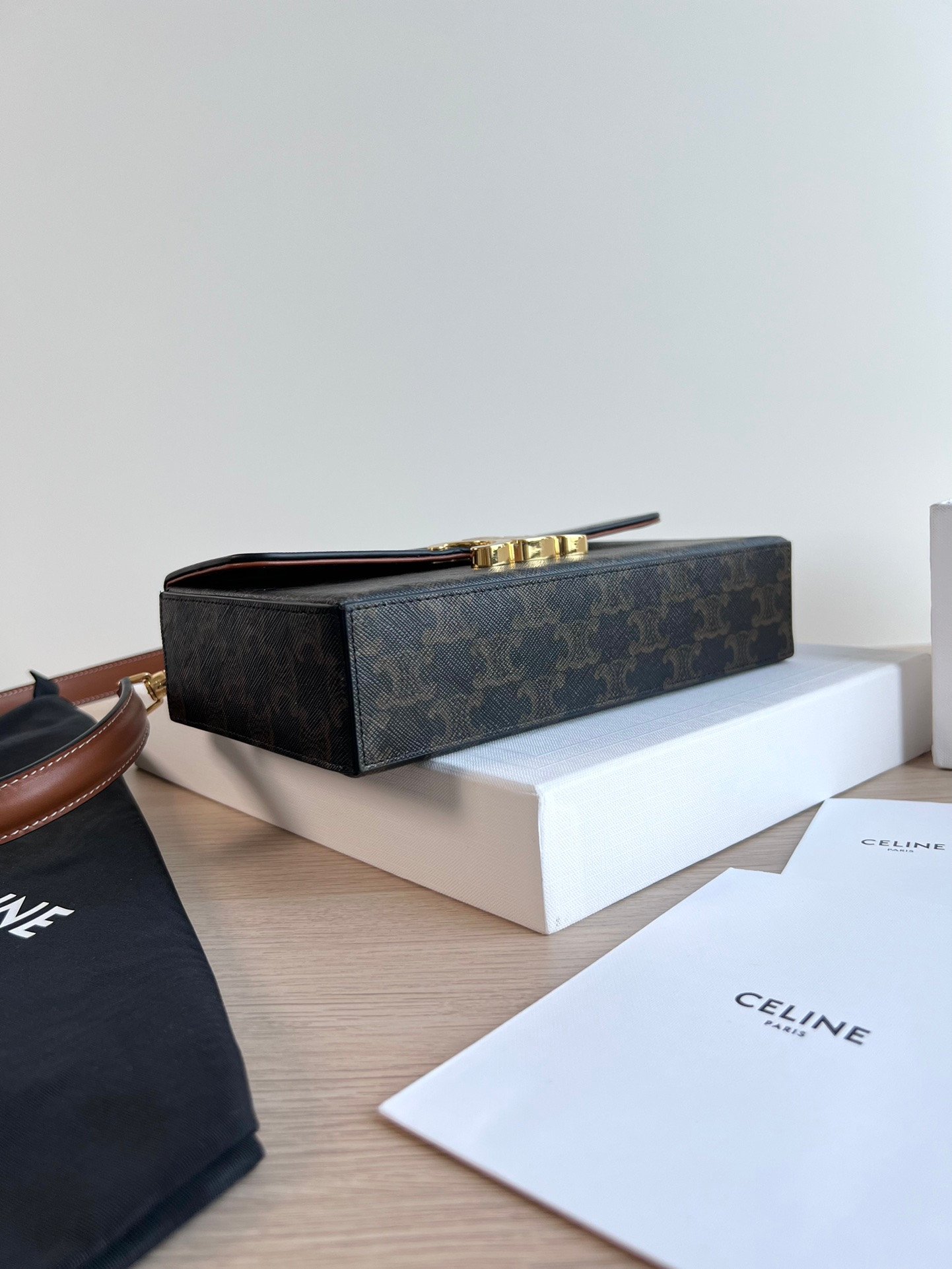 CELINE Box Triomphe Bag 22cm Shiny Calfskin and Triomphe Canvas Leather Shoulder and Crossbody Handbag with Gold-Finish Metallic Closure 3
