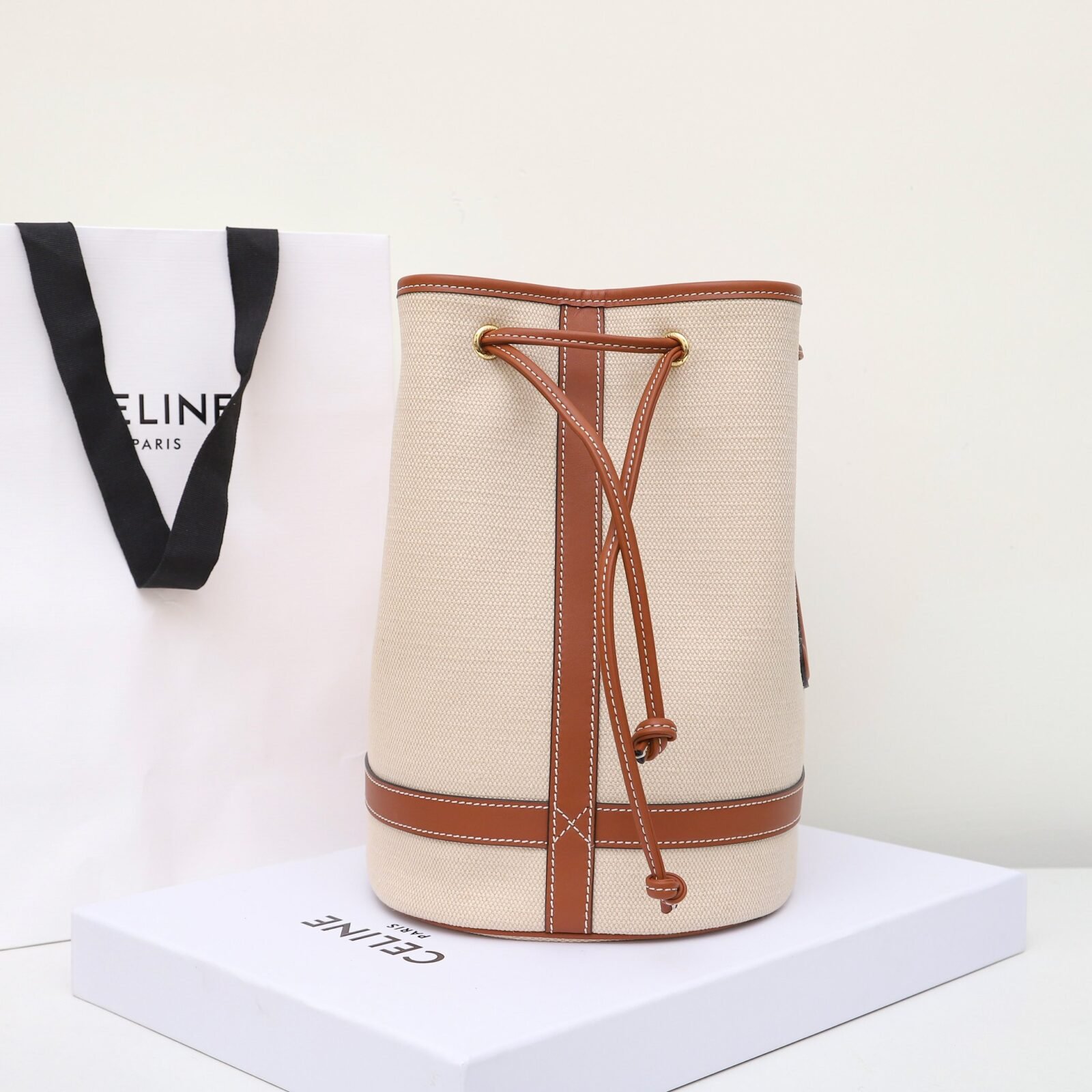 Premium Celine Triomphe Canvas and Leather Bucket Bag 25x28cm Vintage 3D Relief Logo Drawstring Shoulder Bag 3