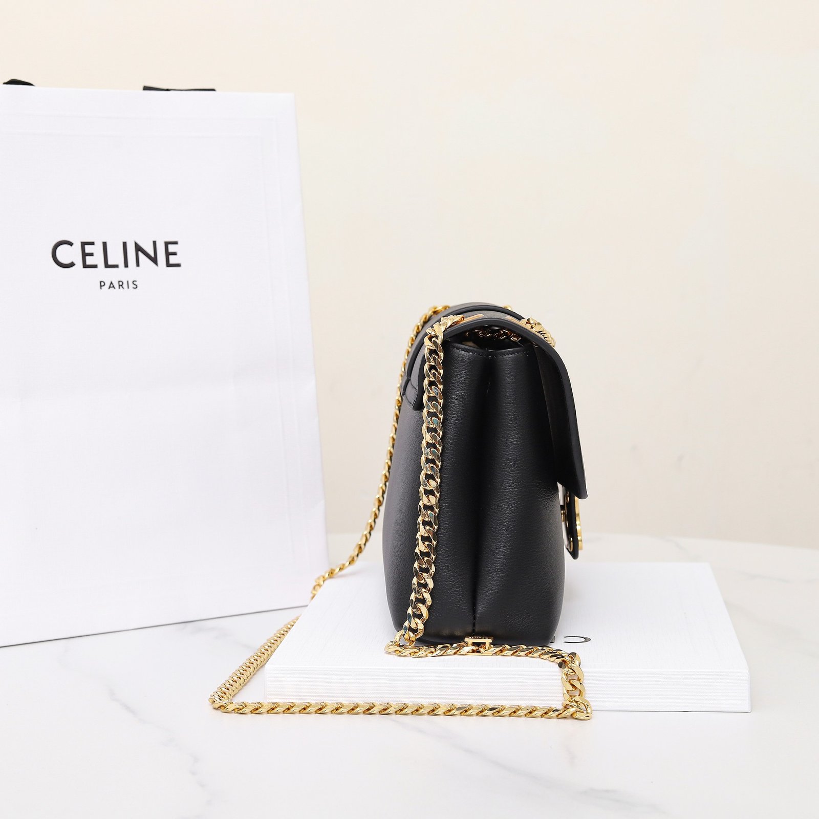 Celine Triomphe Chain Bag 25cm Supple Calfskin and Signature Canvas Medium Flap Shoulder Bag with Gold-Tone Hardware 3