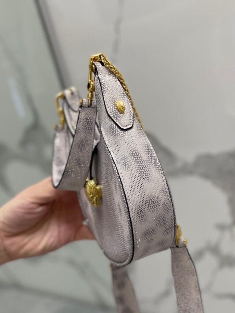 BVLGARI Serpenti Ellipse Calf Leather Shoulder Bag Pink Silver Metallic Half-Moon Crossbody Bag &ndash; Image 6