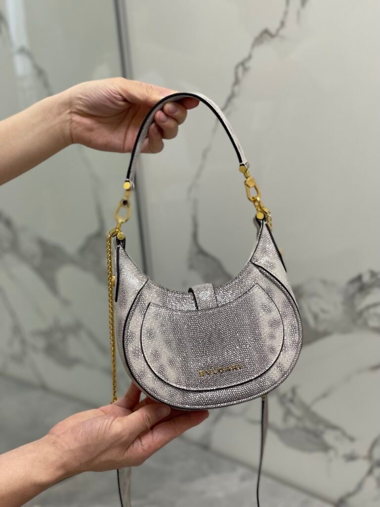 BVLGARI Serpenti Ellipse Calf Leather Shoulder Bag Pink Silver Metallic Half-Moon Crossbody Bag – Image 7