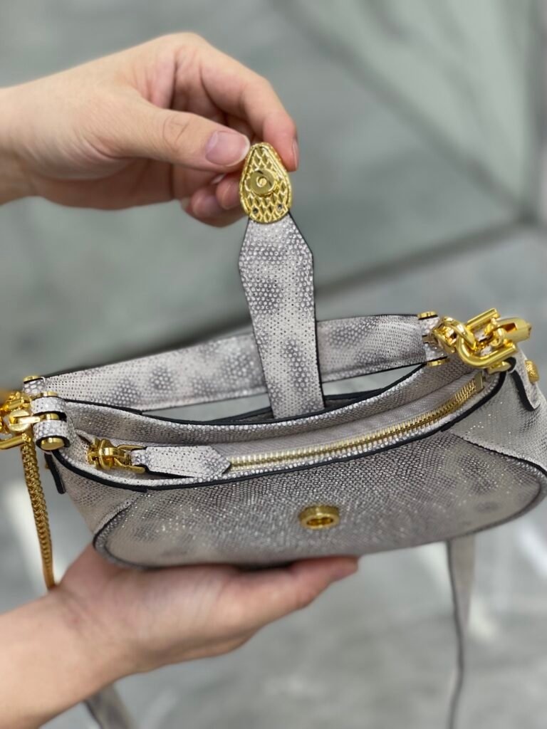 BVLGARI Serpenti Ellipse Calf Leather Shoulder Bag Pink Silver Metallic Half-Moon Crossbody Bag &ndash; Image 9
