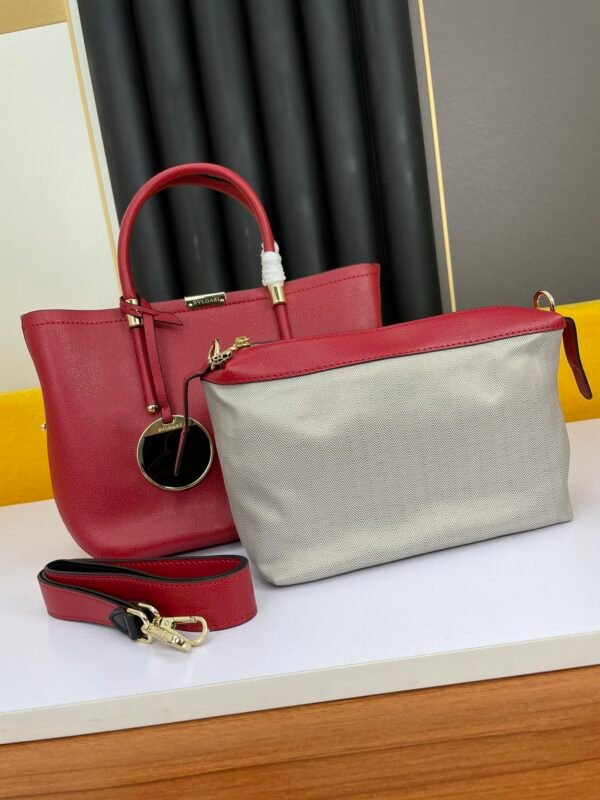 33 BVLGARI Style Luxury Two-Piece Tote Bag Set Premium Palm Leather Handbag with Removable Pouch