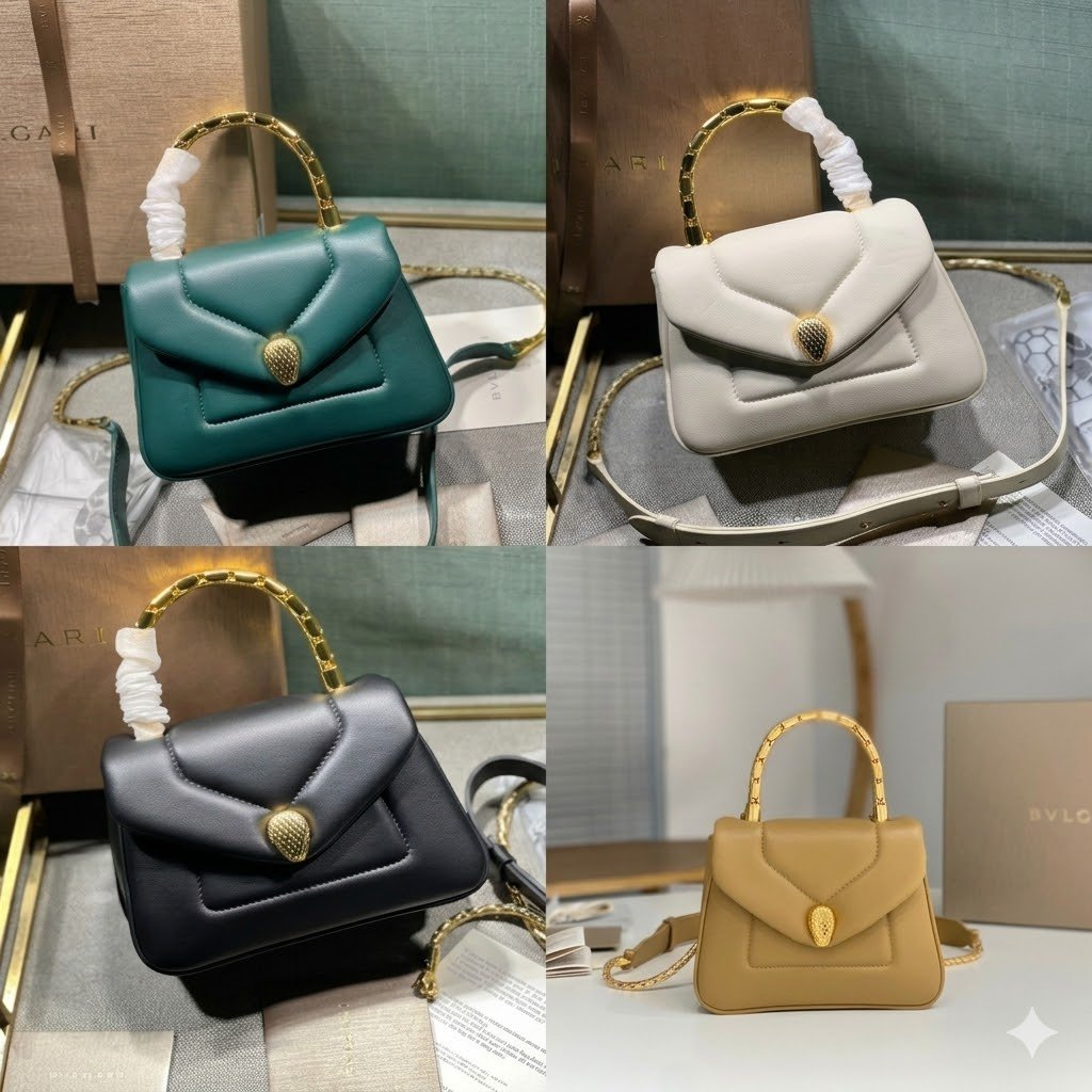 BVLGARI Serpenti Reverse Small Quilted Calfskin Top Handle Bag 20cm with Snake Metal Handle and Iconic Magnetic Chain Crossbody Strap BVLGARI Serpenti Reverse Small Quilted Calfskin Top Handle Bag 20cm with Snake Metal Handle and Iconic Magnetic Chain Crossbody Strap