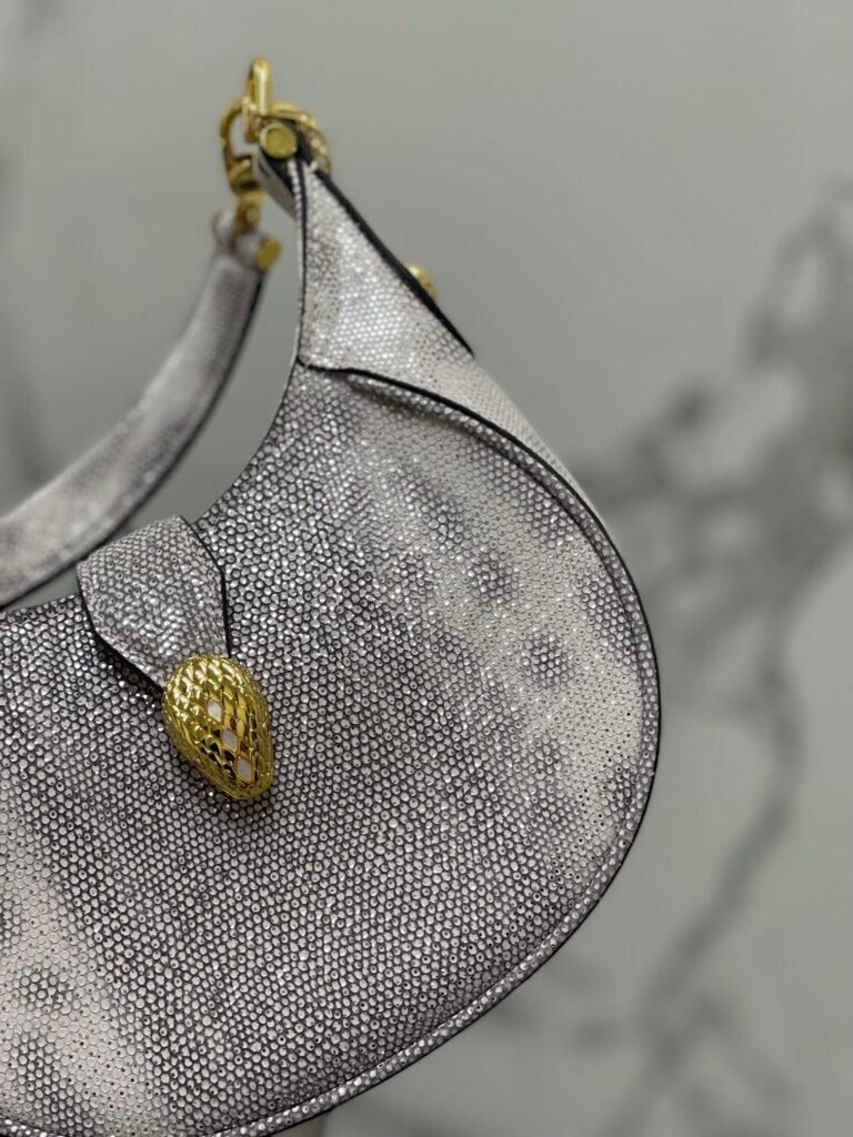 BVLGARI Serpenti Ellipse Calf Leather Shoulder Bag Pink Silver Metallic Half-Moon Crossbody Bag &ndash; Image 11