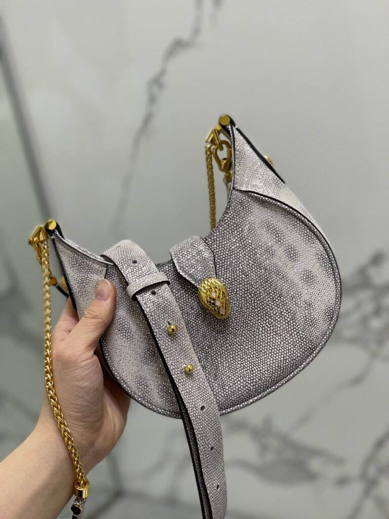 BVLGARI Serpenti Ellipse Calf Leather Shoulder Bag Pink Silver Metallic Half-Moon Crossbody Bag &ndash; Image 12