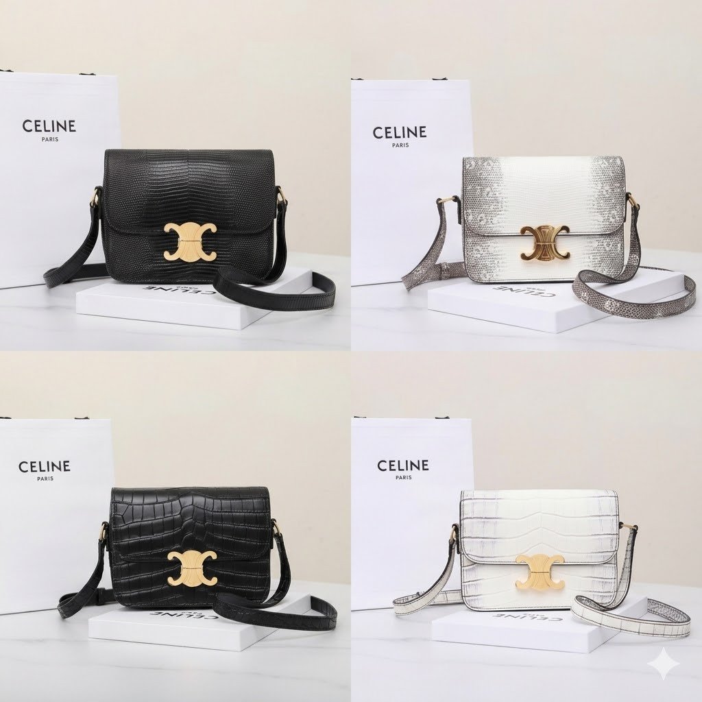 Celine Triomphe Classique Shoulder Bag 18.5cm Lizard and Crocodile Embossed Leather Crossbody Handbag 37