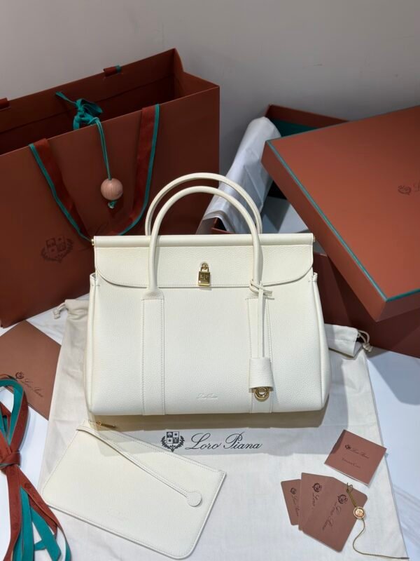 37 Loro Piana Loom L32 Grained Calfskin Handbag 33cm Designer Tote Bag with Padlock & Pouch