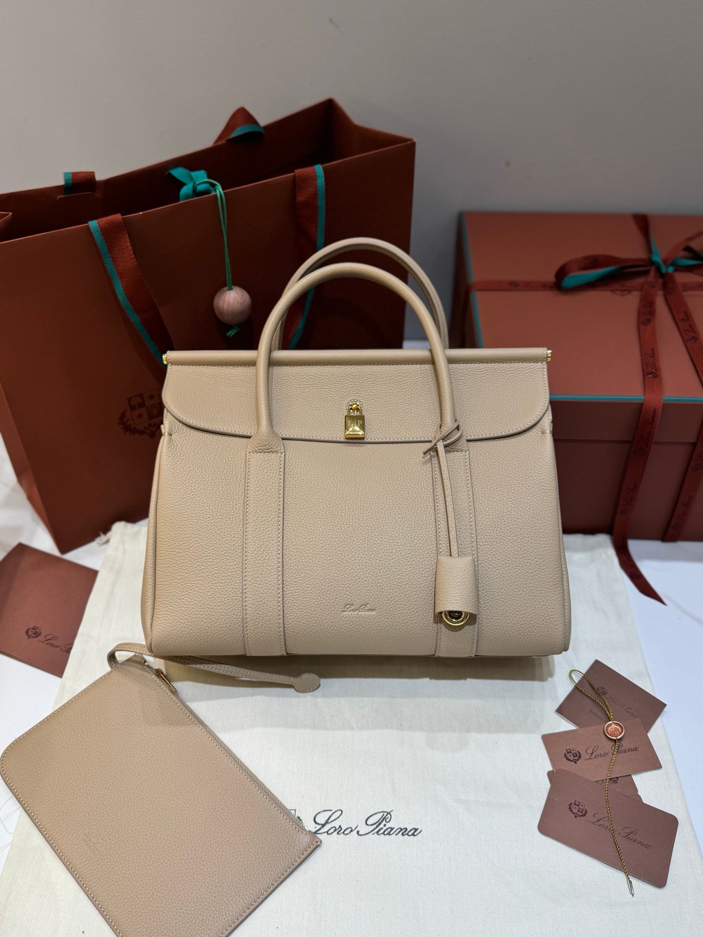 Loro Piana Loom L32 Handbag 33cm Tender Calfskin Luxury Designer Tote Bag with Gold Padlock & Removable Pouch
