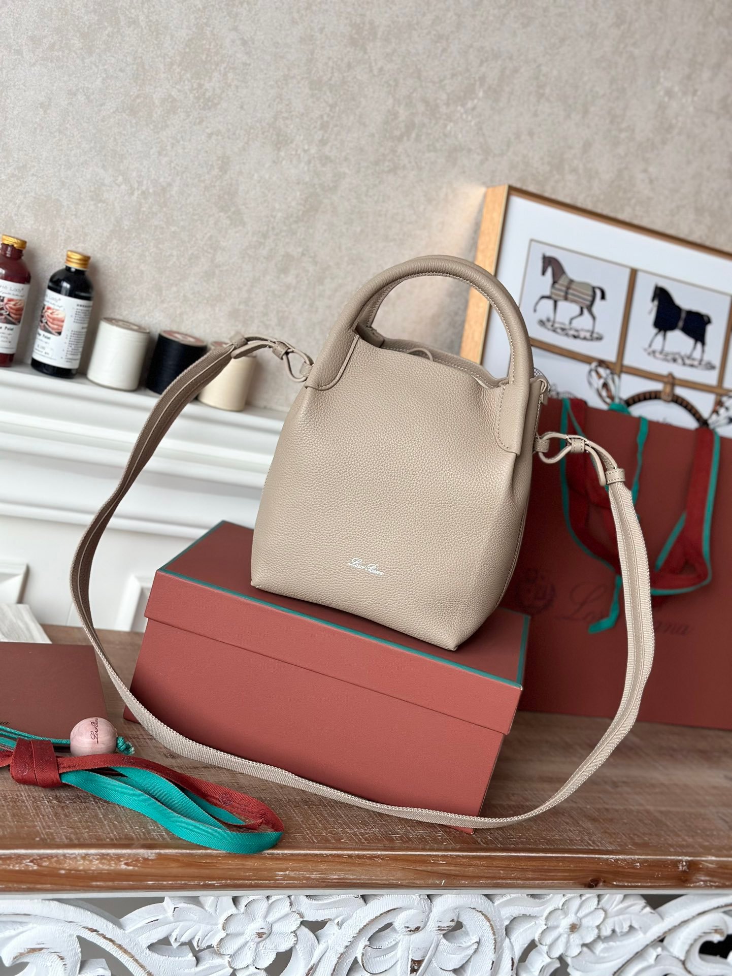 Loro Piana Medium Bale Bag Grained Calfskin Minimalist Bucket Bag with Detachable Shoulder Strap 6 Colors