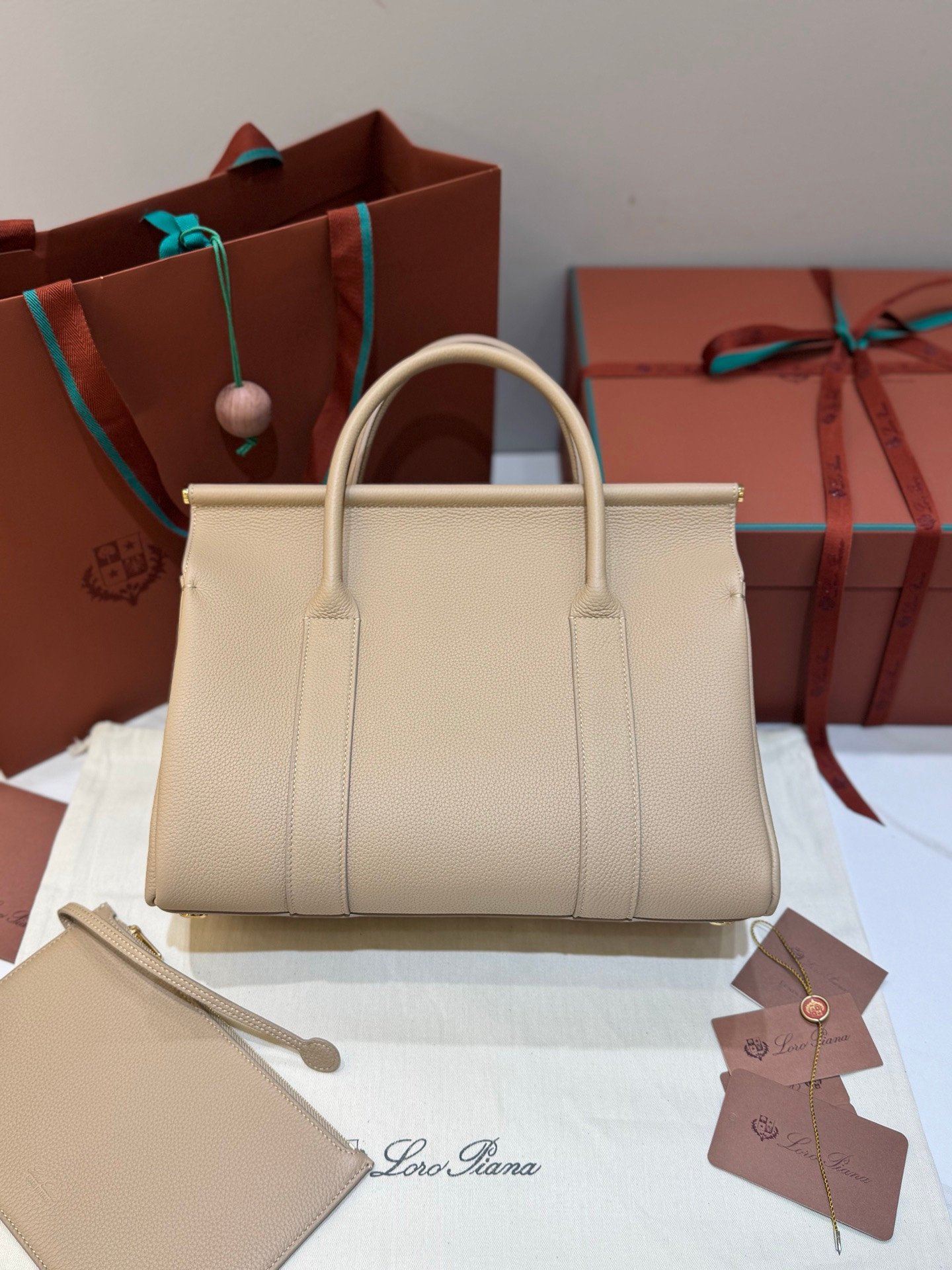Loro Piana Loom L32 Handbag 33cm Tender Calfskin Luxury Designer Tote Bag with Gold Padlock & Removable Pouch