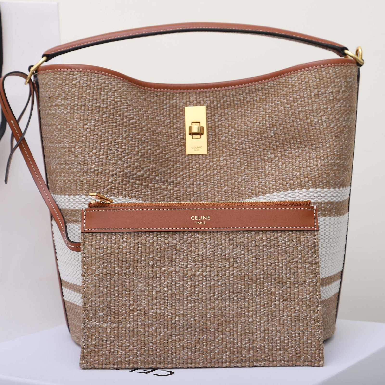 Celine Small 16 Bucket Bag 23x25cm Textile and Calfskin Striped Woven Pattern Designer Handbag with Detachable Pouch 4