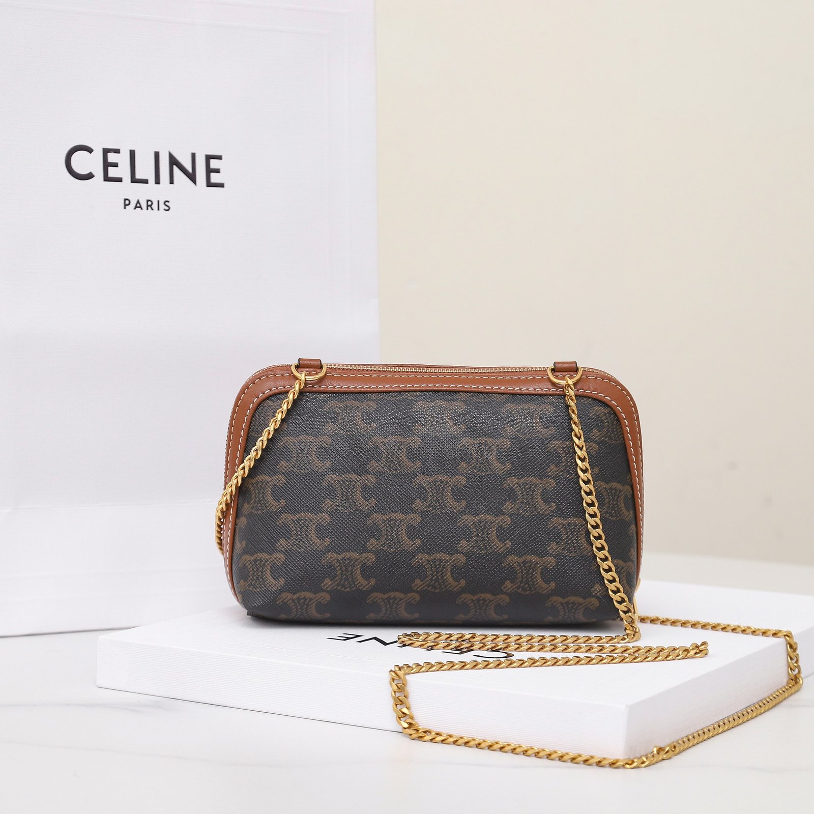 CELINE Triomphe Canvas and Calfskin Mini Chain Clutch Bag Italian Leather Shell Pouch for Women Crossbody Shoulder Bag 4