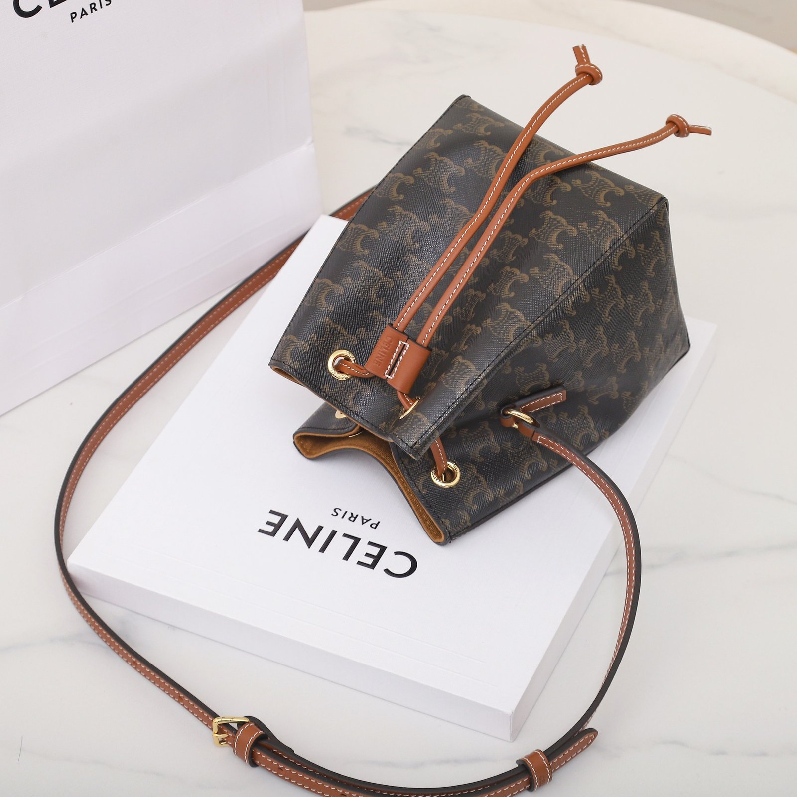 Celine Small Bucket Bag 13.5cm Brown Triomphe Canvas Crossbody with Adjustable Strap Compact Designer Everyday Purse 4