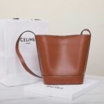 CELINE Cuir Triomphe Small Bucket Bag 17x22cm Tan and Black Calfskin Leather Crossbody Handbag with Adjustable Strap 4