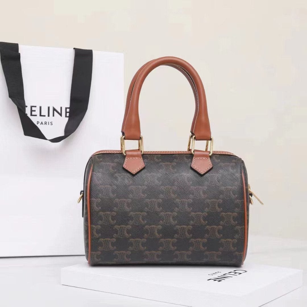 CELINE Small Boston Bag Triomphe Canvas and Calfskin Vintage Monogram Handbag Tan Crossbody Bag with Strap 4