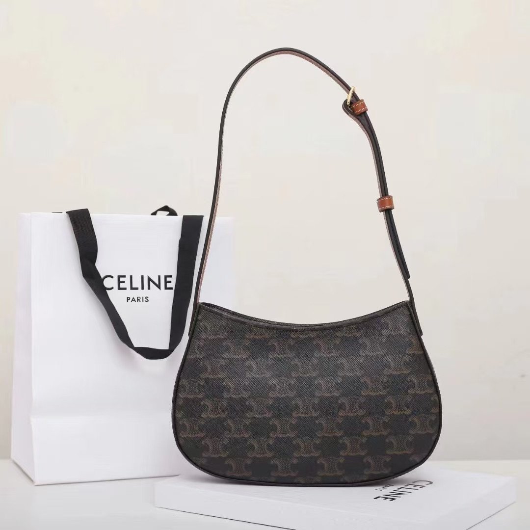 CELINE Triomphe Canvas and Calfskin Ava Bag 22cm Tan Underarm Shoulder Bag Premium Leather Hobo Bag 4