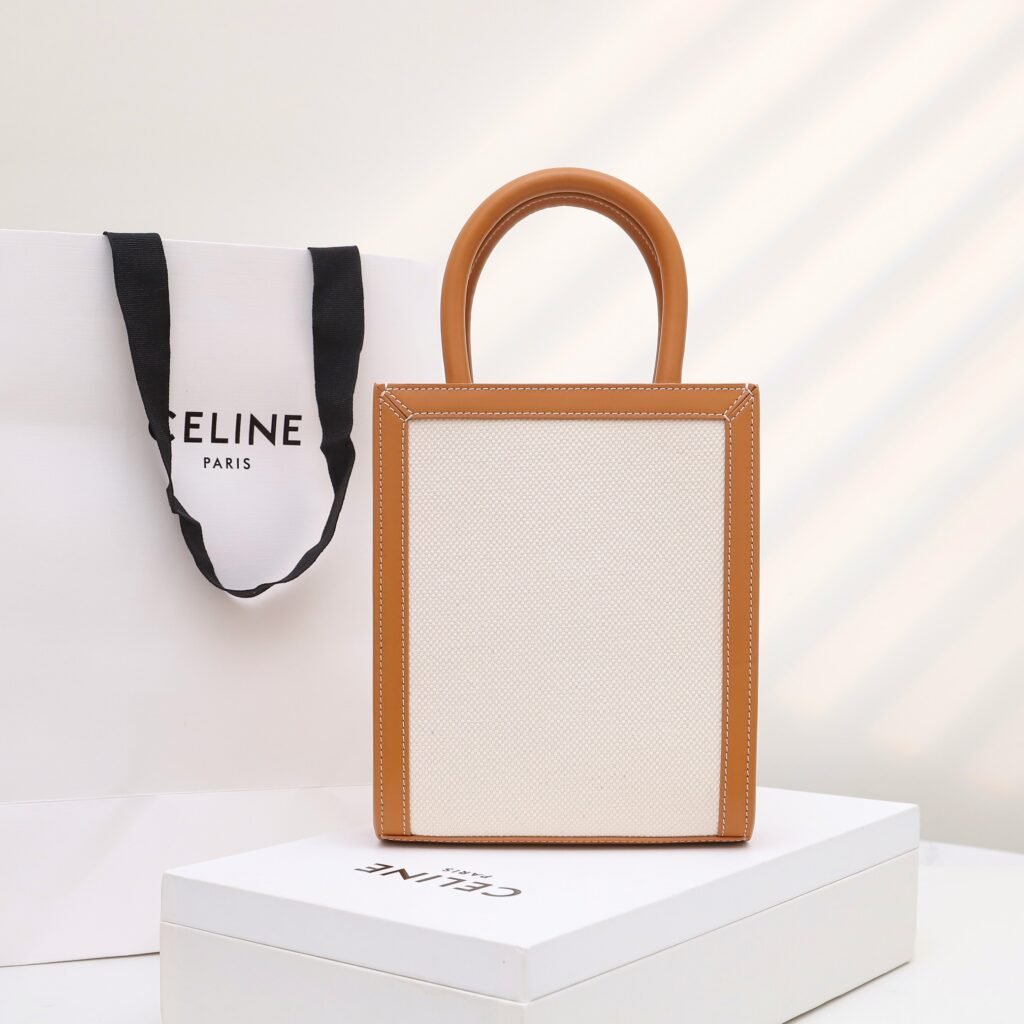 Celine Mini Vertical Cabas Tote Bag 17x21cm Textile and Calfskin Tan/White Handbag – Image 4