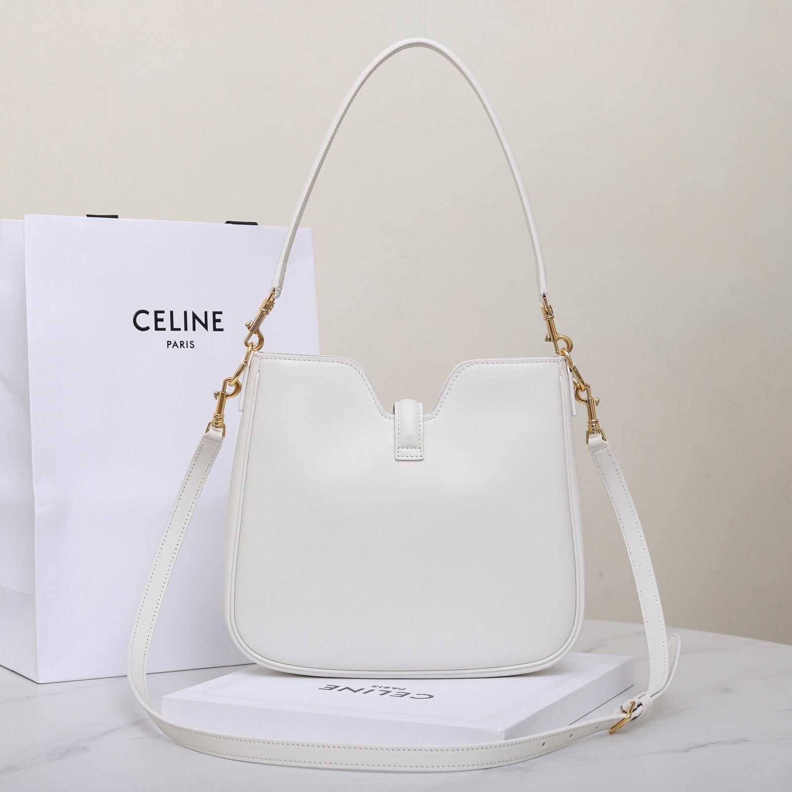 Celine Calfskin Shoulder Bag 24.5cm Minimalist Crossbody Handbag with Gold Hardware Twist-Lock 2025 4