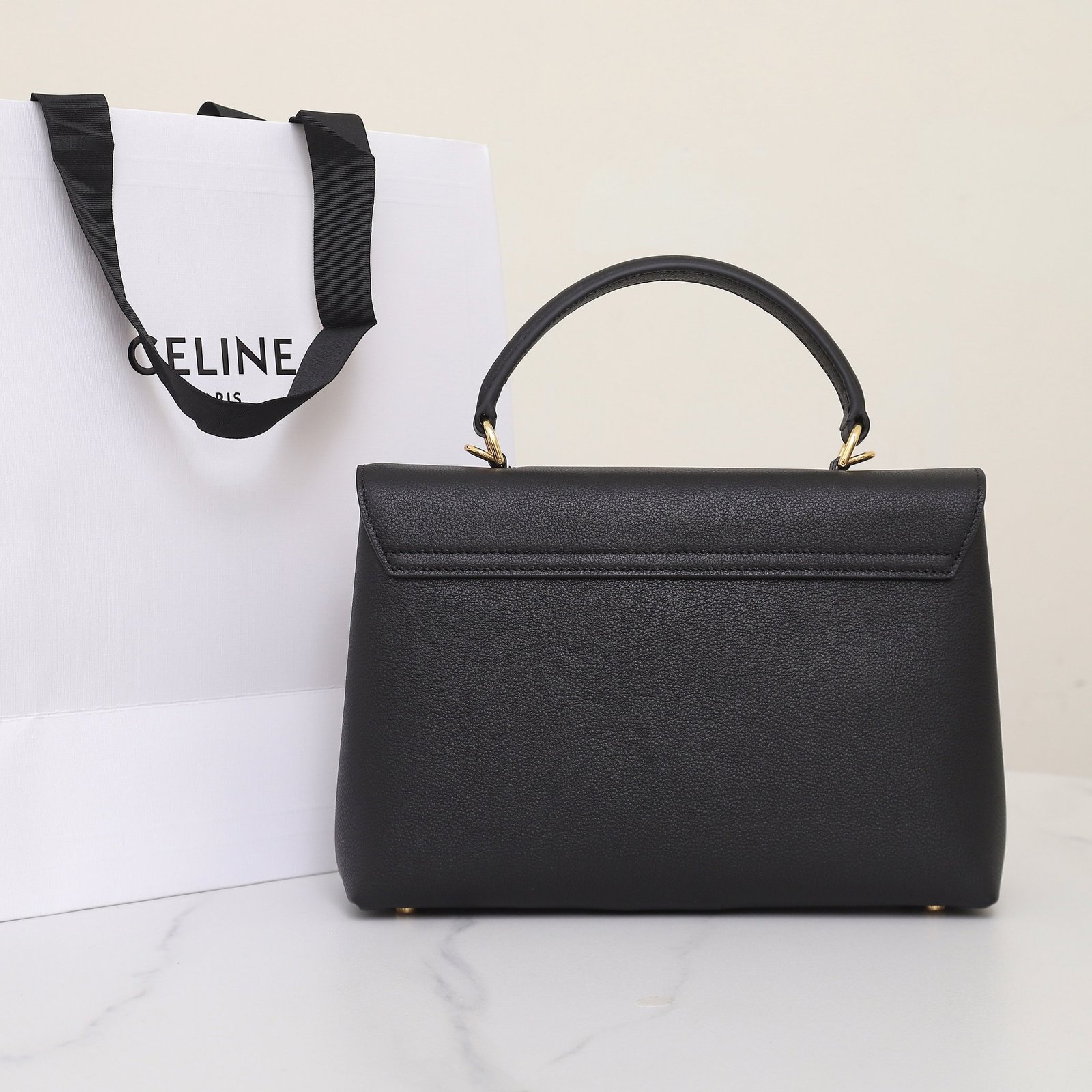 CELINE NINO Top Handle Bag 26cm Black Grained Calfskin with Gold Triomphe Hardware Luxury Crossbody Handbag 4
