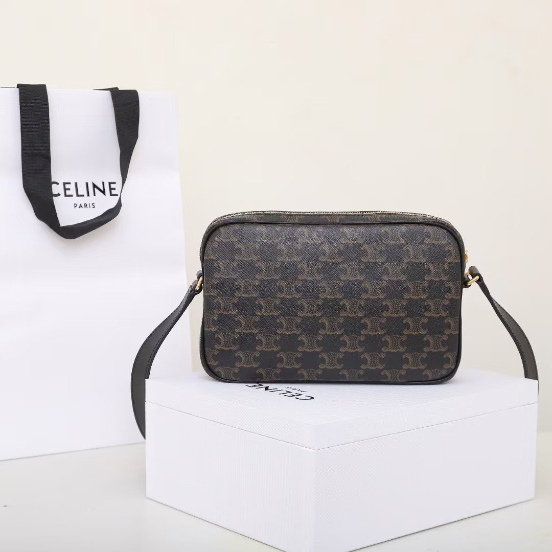 CELINE Triomphe Canvas Camera Bag 23cm Luxury Designer Crossbody Messenger Bag with White Logo & Calfskin Leather 4