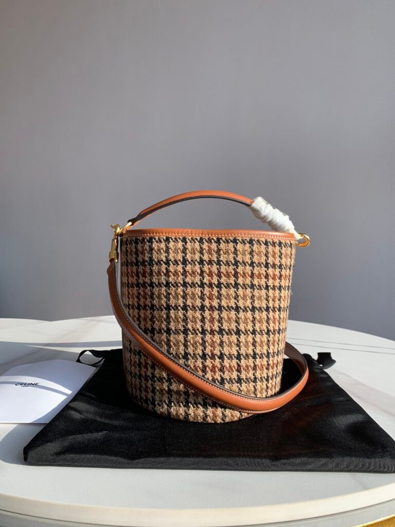 CELINE Teen Bucket 16 Bag Houndstooth vs. Tan Calfskin Handbags – Image 4