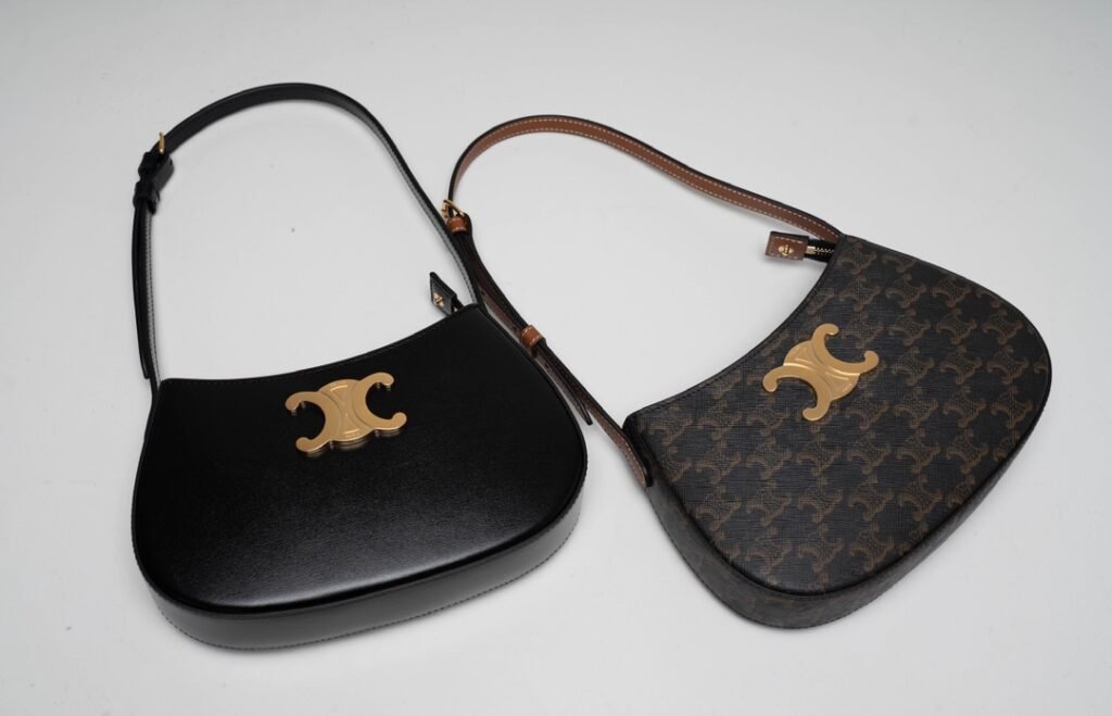CELINE TILLY Bag 2024 Shiny Calfskin & Triomphe Canvas Shoulder Bag Black/Tan 23cm – Image 3