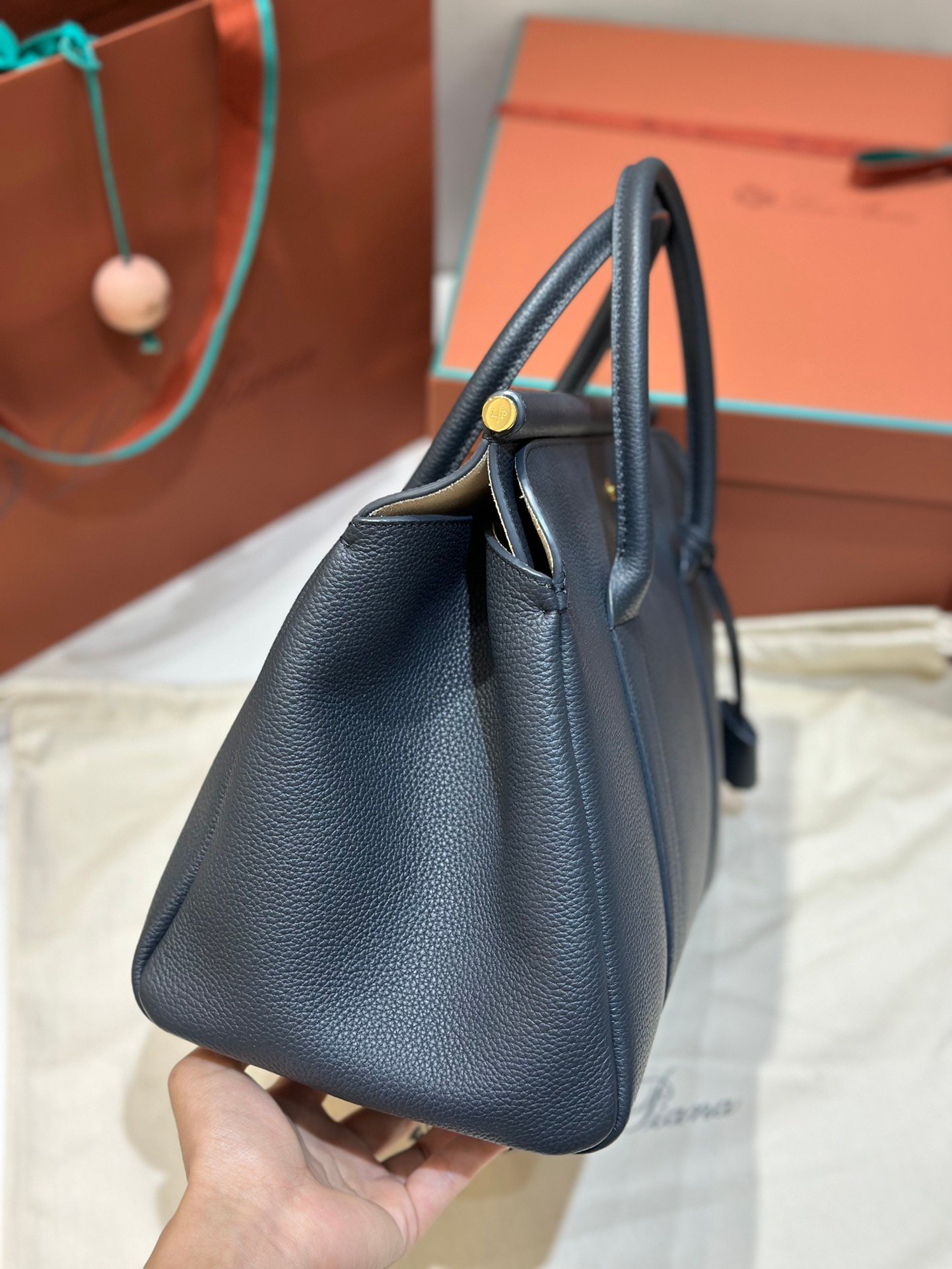 Loro Piana Loom L32 Handbag 33cm Tender Calfskin Luxury Designer Tote Bag with Gold Padlock & Removable Pouch