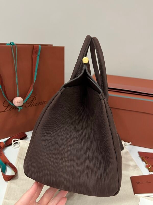 Loro Piana Loom L32 Handbag 33cm Dark Brown Grained Calfskin Leather Tote with Signature Gold Padlock and Key